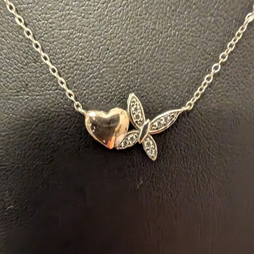LA CN 925 Sterling Silver Two Tone Heart & CZ Butterfly 16